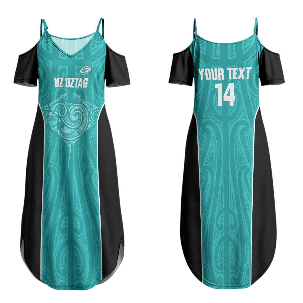 Custom New Zealand Stingray Oztag Couples Matching Summer Maxi Dress and Hawaiian Shirt Tag Rugby Maori Pattern Teal Version