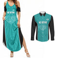 Custom New Zealand Stingray Oztag Couples Matching Summer Maxi Dress and Long Sleeve Button Shirt Tag Rugby Maori Pattern Teal Version