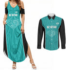 Custom New Zealand Stingray Oztag Couples Matching Summer Maxi Dress and Long Sleeve Button Shirt Tag Rugby Maori Pattern Teal Version