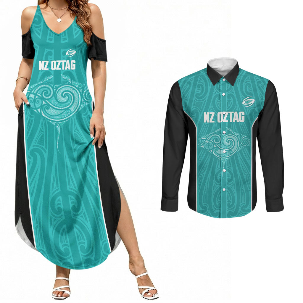Custom New Zealand Stingray Oztag Couples Matching Summer Maxi Dress and Long Sleeve Button Shirt Tag Rugby Maori Pattern Teal Version