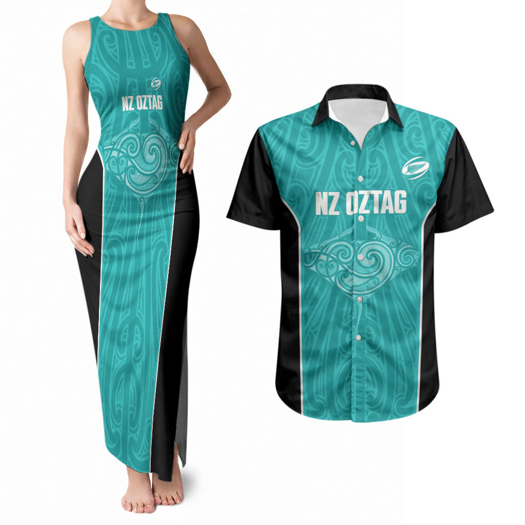 Custom New Zealand Stingray Oztag Couples Matching Tank Maxi Dress and Hawaiian Shirt Tag Rugby Maori Pattern Teal Version