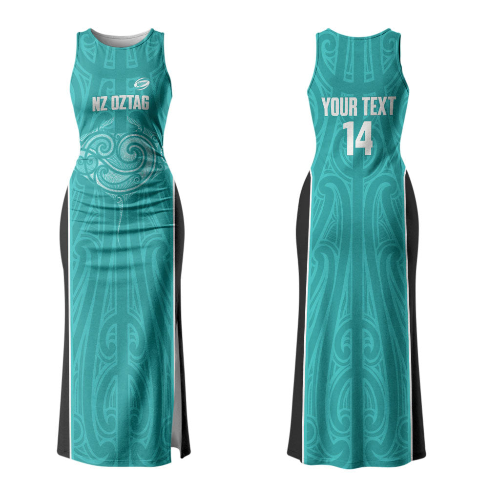 Custom New Zealand Stingray Oztag Couples Matching Tank Maxi Dress and Hawaiian Shirt Tag Rugby Maori Pattern Teal Version