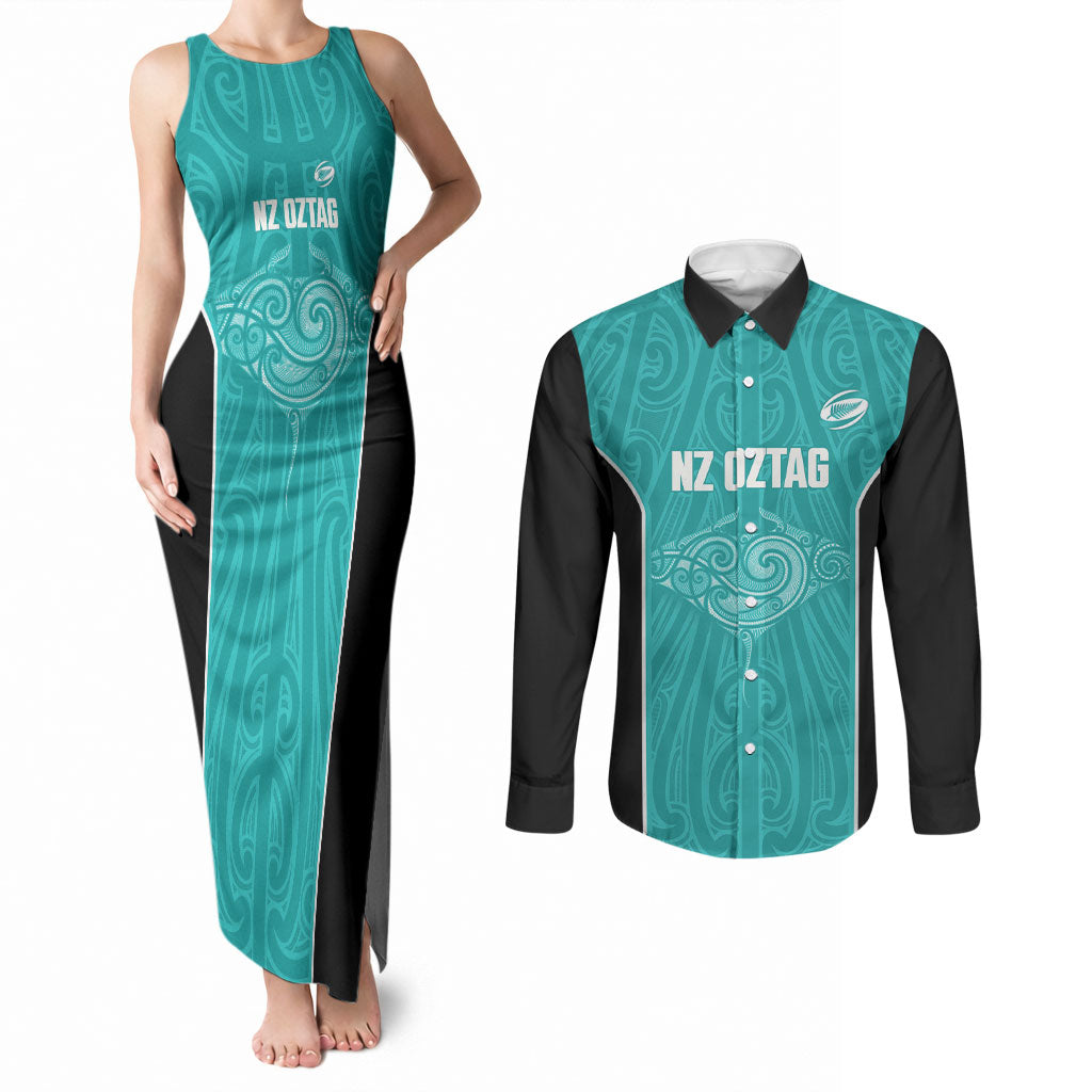 Custom New Zealand Stingray Oztag Couples Matching Tank Maxi Dress and Long Sleeve Button Shirt Tag Rugby Maori Pattern Teal Version