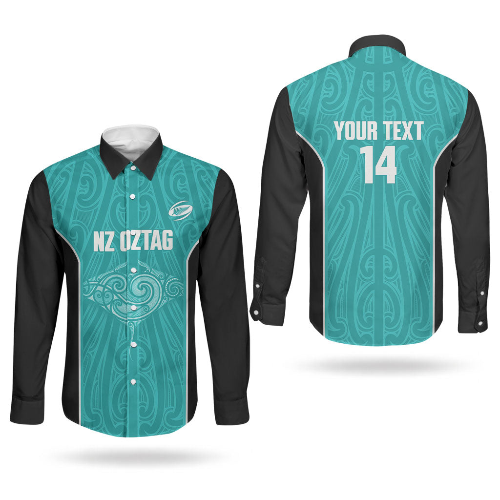 Custom New Zealand Stingray Oztag Couples Matching Tank Maxi Dress and Long Sleeve Button Shirt Tag Rugby Maori Pattern Teal Version