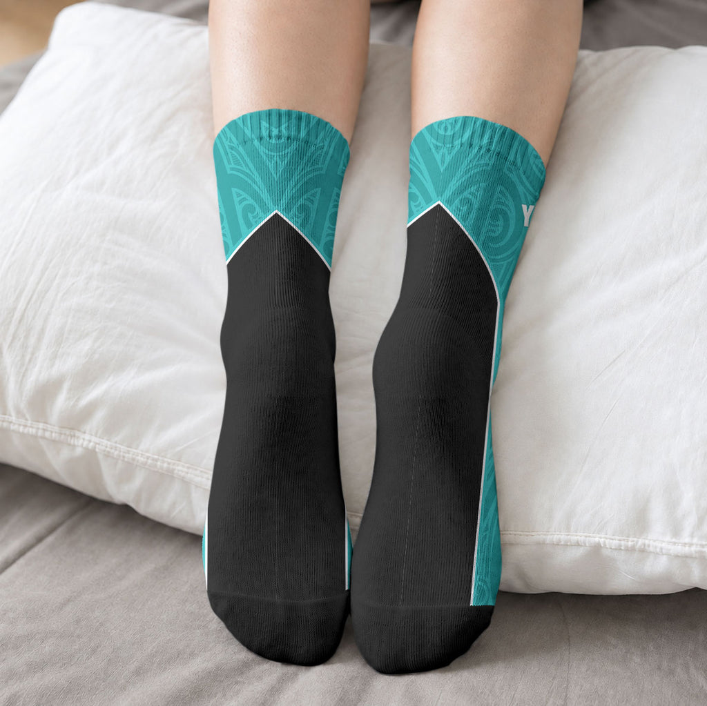 Custom New Zealand Stingray Oztag Crew Socks Tag Rugby Maori Pattern Teal Version