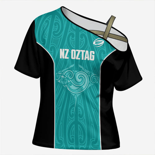 Custom New Zealand Stingray Oztag Cross Shoulder Shirt Tag Rugby Maori Pattern Teal Version