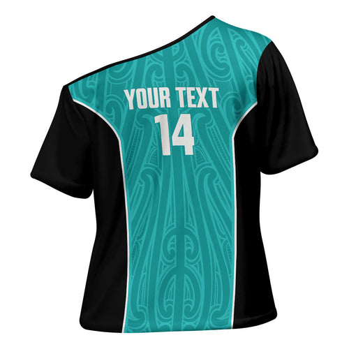 Custom New Zealand Stingray Oztag Cross Shoulder Shirt Tag Rugby Maori Pattern Teal Version