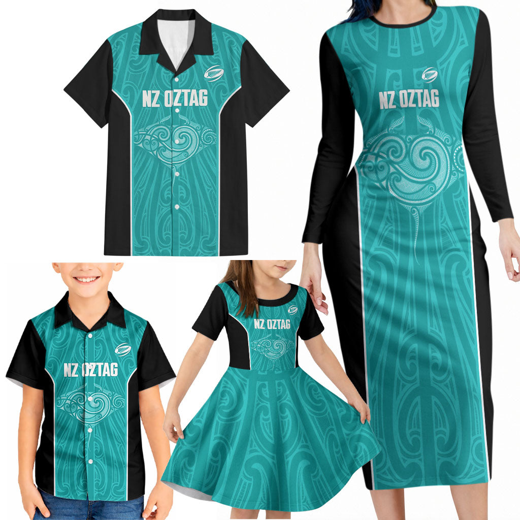Custom New Zealand Stingray Oztag Family Matching Long Sleeve Bodycon Dress and Hawaiian Shirt Tag Rugby Maori Pattern Teal Version
