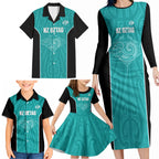 Custom New Zealand Stingray Oztag Family Matching Long Sleeve Bodycon Dress and Hawaiian Shirt Tag Rugby Maori Pattern Teal Version