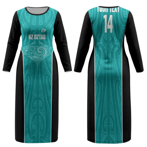 Custom New Zealand Stingray Oztag Family Matching Long Sleeve Bodycon Dress and Hawaiian Shirt Tag Rugby Maori Pattern Teal Version