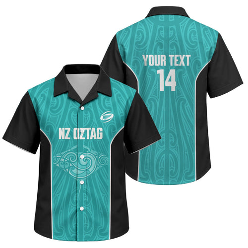 Custom New Zealand Stingray Oztag Family Matching Long Sleeve Bodycon Dress and Hawaiian Shirt Tag Rugby Maori Pattern Teal Version
