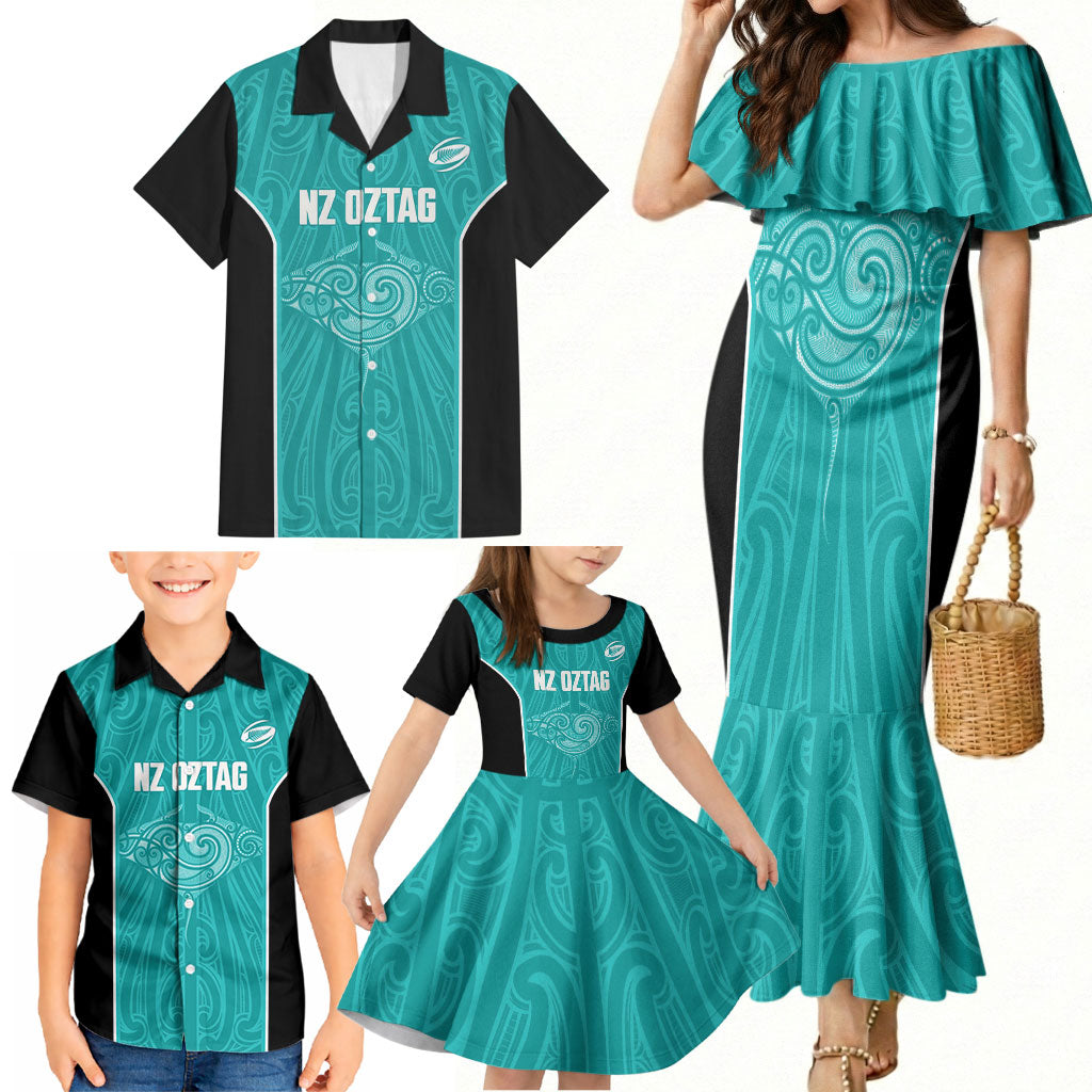 Custom New Zealand Stingray Oztag Family Matching Mermaid Dress and Hawaiian Shirt Tag Rugby Maori Pattern Teal Version