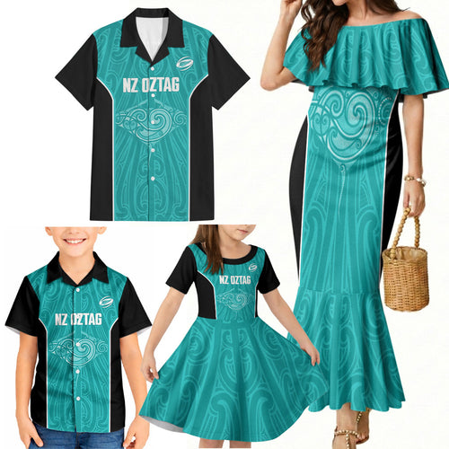 Custom New Zealand Stingray Oztag Family Matching Mermaid Dress and Hawaiian Shirt Tag Rugby Maori Pattern Teal Version