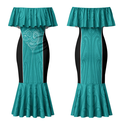 Custom New Zealand Stingray Oztag Family Matching Mermaid Dress and Hawaiian Shirt Tag Rugby Maori Pattern Teal Version