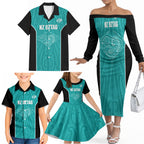 Custom New Zealand Stingray Oztag Family Matching Off The Shoulder Long Sleeve Dress and Hawaiian Shirt Tag Rugby Maori Pattern Teal Version