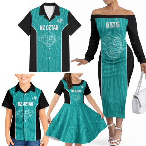 Custom New Zealand Stingray Oztag Family Matching Off The Shoulder Long Sleeve Dress and Hawaiian Shirt Tag Rugby Maori Pattern Teal Version