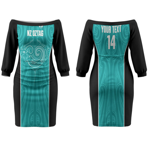Custom New Zealand Stingray Oztag Family Matching Off The Shoulder Long Sleeve Dress and Hawaiian Shirt Tag Rugby Maori Pattern Teal Version