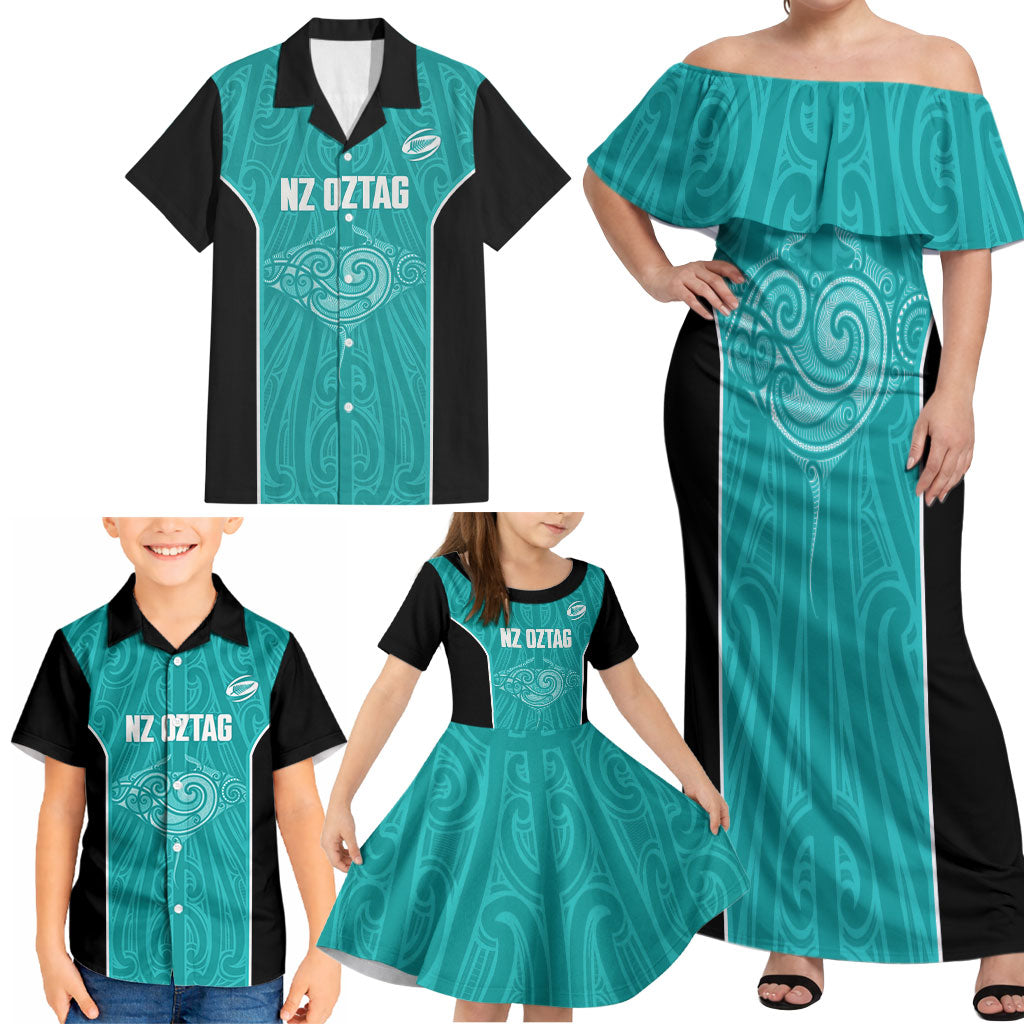 Custom New Zealand Stingray Oztag Family Matching Off Shoulder Maxi Dress and Hawaiian Shirt Tag Rugby Maori Pattern Teal Version