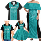 Custom New Zealand Stingray Oztag Family Matching Off Shoulder Maxi Dress and Hawaiian Shirt Tag Rugby Maori Pattern Teal Version