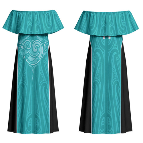 Custom New Zealand Stingray Oztag Family Matching Off Shoulder Maxi Dress and Hawaiian Shirt Tag Rugby Maori Pattern Teal Version