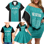 Custom New Zealand Stingray Oztag Family Matching Off Shoulder Short Dress and Hawaiian Shirt Tag Rugby Maori Pattern Teal Version