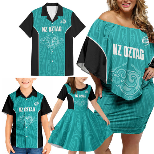 Custom New Zealand Stingray Oztag Family Matching Off Shoulder Short Dress and Hawaiian Shirt Tag Rugby Maori Pattern Teal Version