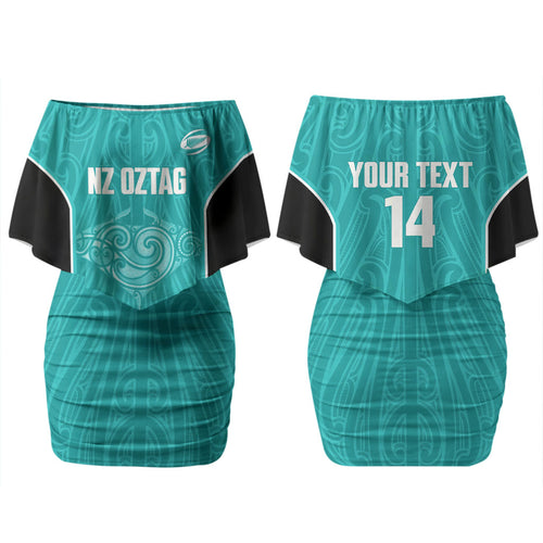 Custom New Zealand Stingray Oztag Family Matching Off Shoulder Short Dress and Hawaiian Shirt Tag Rugby Maori Pattern Teal Version
