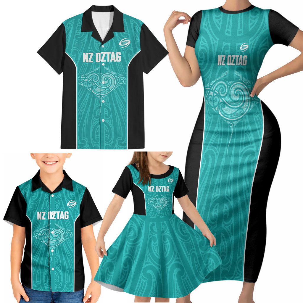 Custom New Zealand Stingray Oztag Family Matching Short Sleeve Bodycon Dress and Hawaiian Shirt Tag Rugby Maori Pattern Teal Version