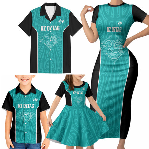 Custom New Zealand Stingray Oztag Family Matching Short Sleeve Bodycon Dress and Hawaiian Shirt Tag Rugby Maori Pattern Teal Version