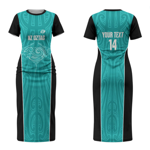 Custom New Zealand Stingray Oztag Family Matching Short Sleeve Bodycon Dress and Hawaiian Shirt Tag Rugby Maori Pattern Teal Version