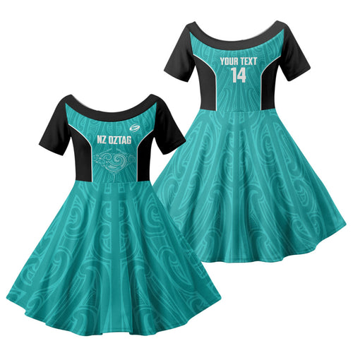 Custom New Zealand Stingray Oztag Family Matching Short Sleeve Bodycon Dress and Hawaiian Shirt Tag Rugby Maori Pattern Teal Version