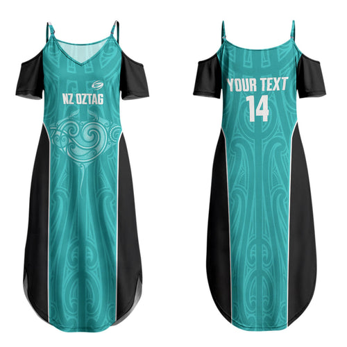 Custom New Zealand Stingray Oztag Family Matching Summer Maxi Dress and Hawaiian Shirt Tag Rugby Maori Pattern Teal Version