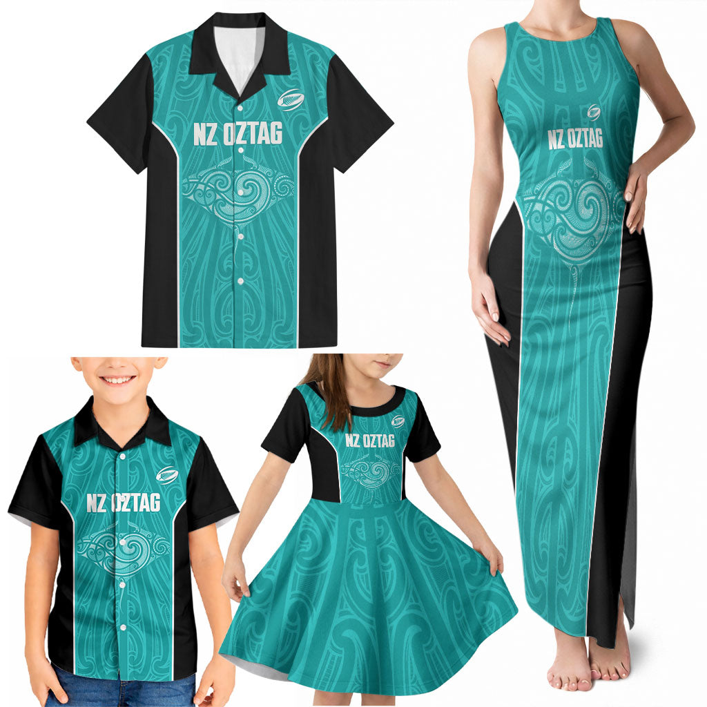 Custom New Zealand Stingray Oztag Family Matching Tank Maxi Dress and Hawaiian Shirt Tag Rugby Maori Pattern Teal Version