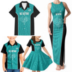 Custom New Zealand Stingray Oztag Family Matching Tank Maxi Dress and Hawaiian Shirt Tag Rugby Maori Pattern Teal Version