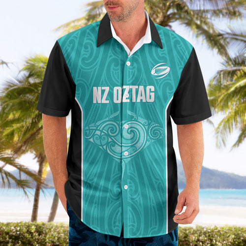 Custom New Zealand Stingray Oztag Hawaiian Shirt Tag Rugby Maori Pattern Teal Version