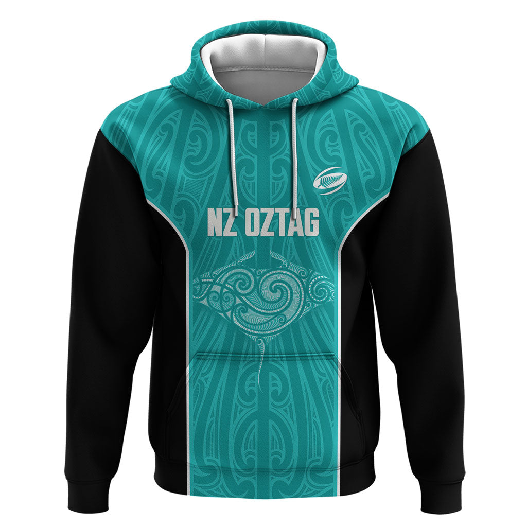 Custom New Zealand Stingray Oztag Hoodie Tag Rugby Maori Pattern Teal Version
