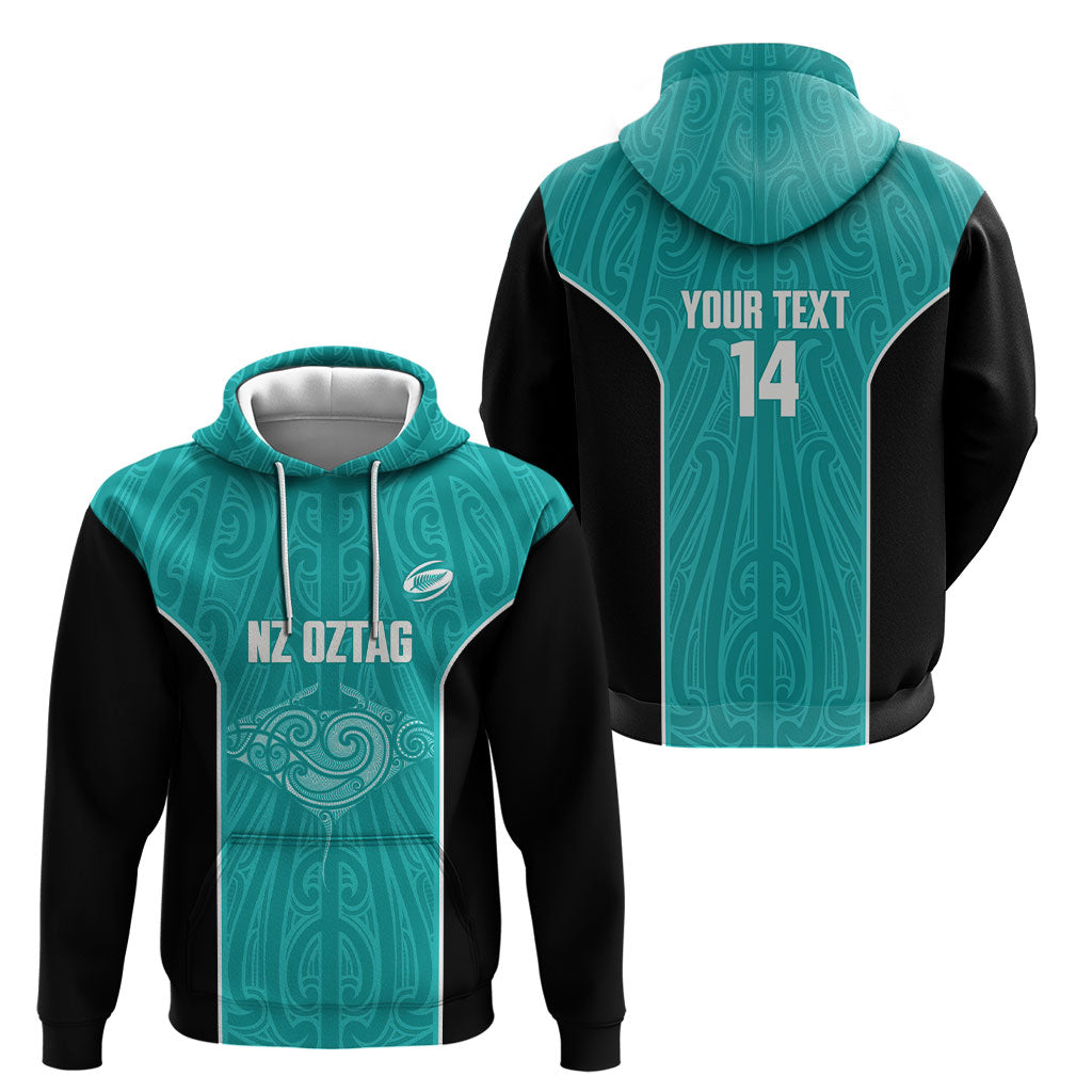 Custom New Zealand Stingray Oztag Hoodie Tag Rugby Maori Pattern Teal Version