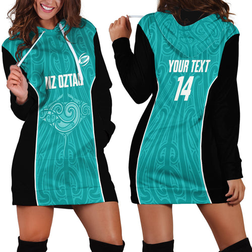 Custom New Zealand Stingray Oztag Hoodie Dress Tag Rugby Maori Pattern Teal Version