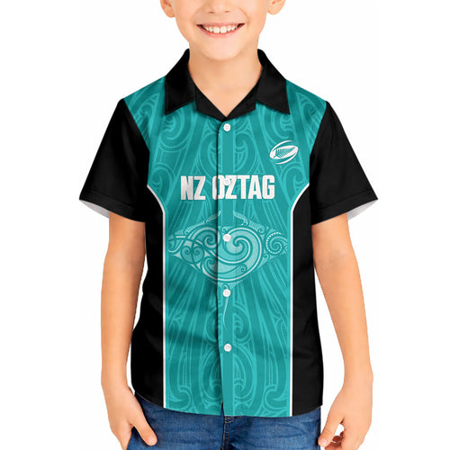 Custom New Zealand Stingray Oztag Kid Hawaiian Shirt Tag Rugby Maori Pattern Teal Version