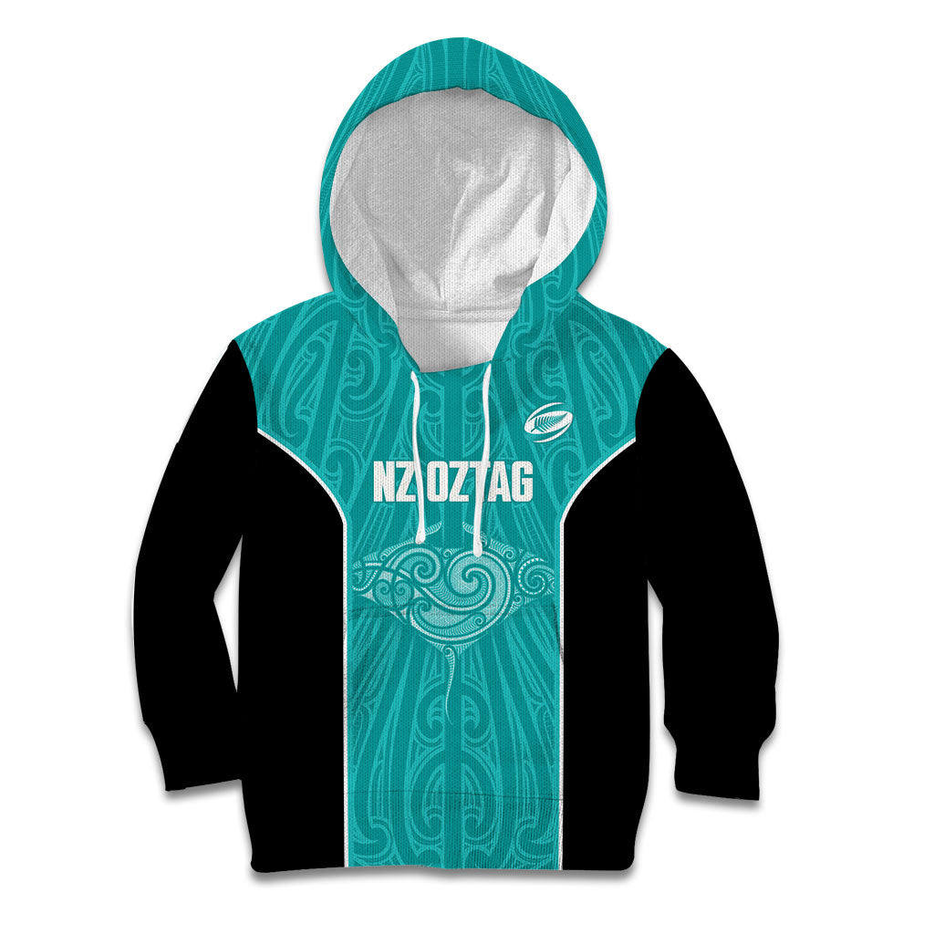 Custom New Zealand Stingray Oztag Kid Hoodie Tag Rugby Maori Pattern Teal Version