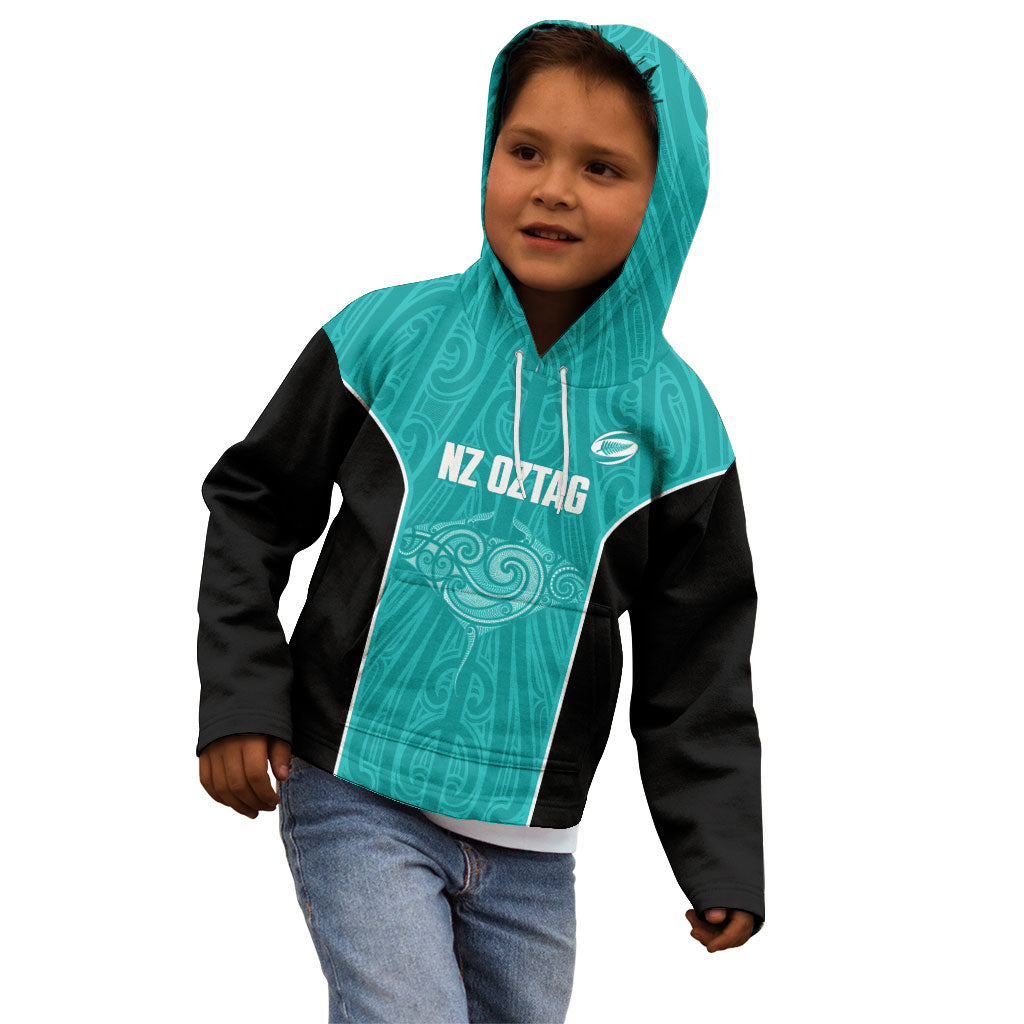 Custom New Zealand Stingray Oztag Kid Hoodie Tag Rugby Maori Pattern Teal Version