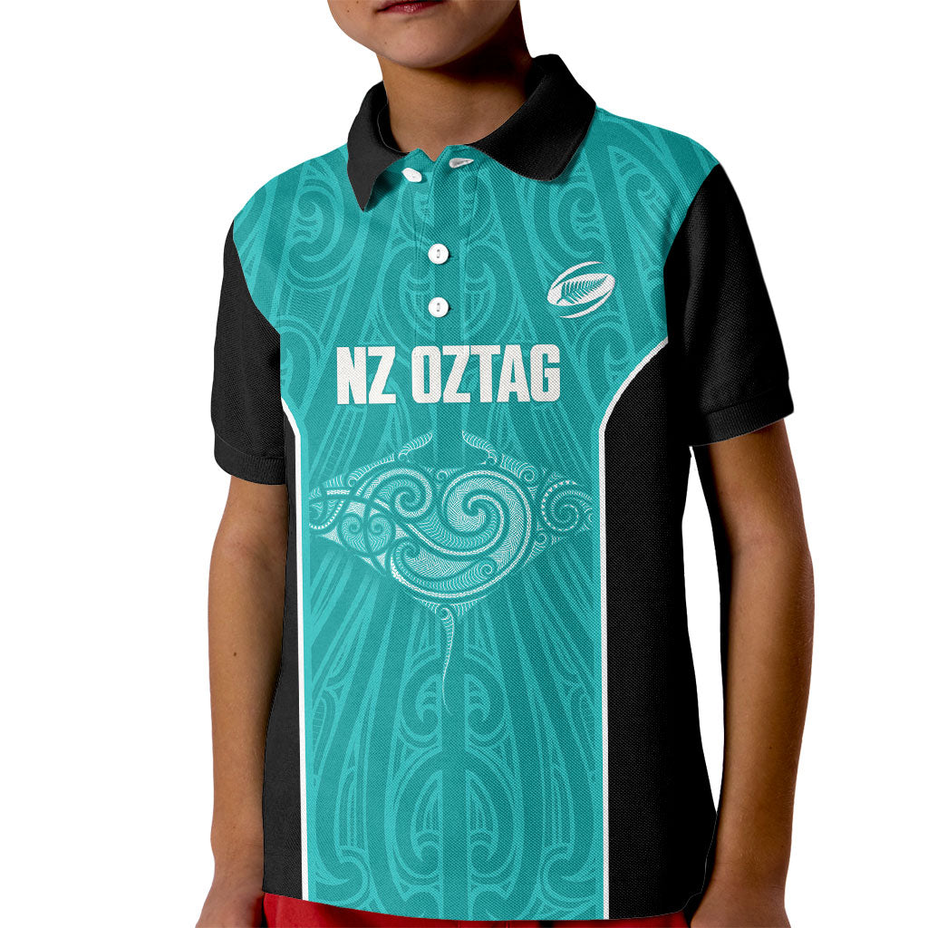 Custom New Zealand Stingray Oztag Kid Polo Shirt Tag Rugby Maori Pattern Teal Version
