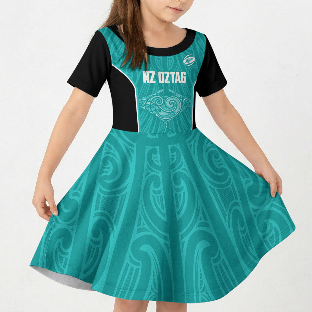 Custom New Zealand Stingray Oztag Kid Short Sleeve Dress Tag Rugby Maori Pattern Teal Version