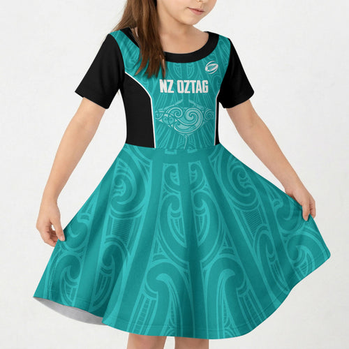 Custom New Zealand Stingray Oztag Kid Short Sleeve Dress Tag Rugby Maori Pattern Teal Version