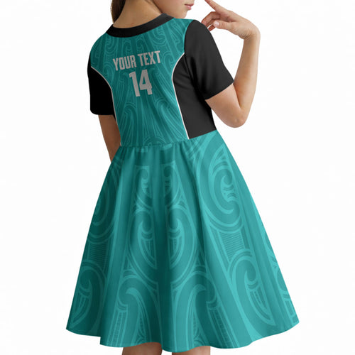 Custom New Zealand Stingray Oztag Kid Short Sleeve Dress Tag Rugby Maori Pattern Teal Version