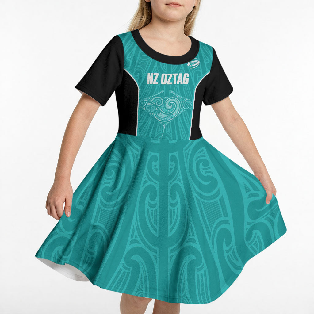 Custom New Zealand Stingray Oztag Kid Short Sleeve Dress Tag Rugby Maori Pattern Teal Version