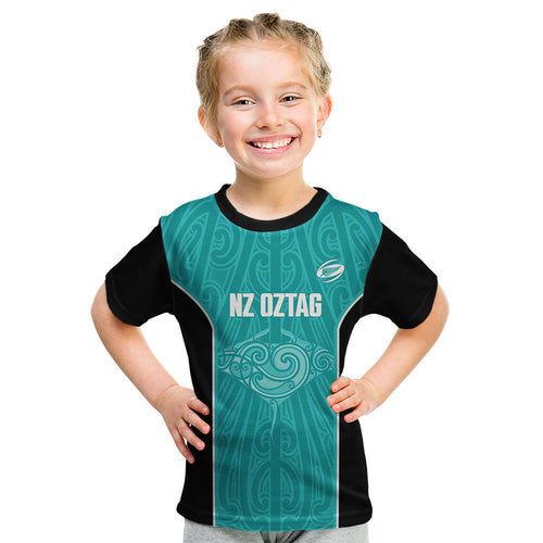 Custom New Zealand Stingray Oztag Kid T Shirt Tag Rugby Maori Pattern Teal Version