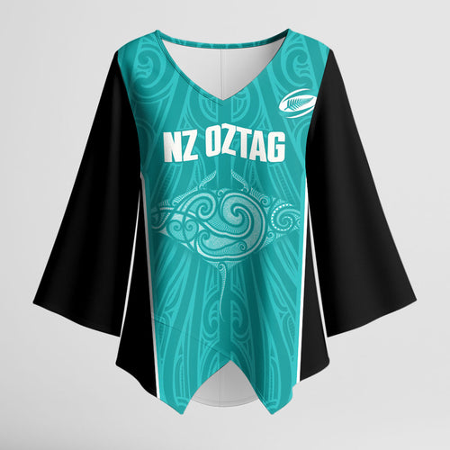 Custom New Zealand Stingray Oztag Kimono Sleeve Blouse Tag Rugby Maori Pattern Teal Version