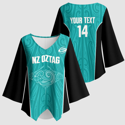 Custom New Zealand Stingray Oztag Kimono Sleeve Blouse Tag Rugby Maori Pattern Teal Version