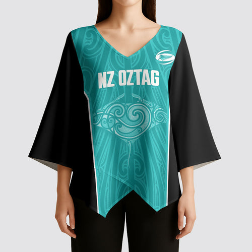 Custom New Zealand Stingray Oztag Kimono Sleeve Blouse Tag Rugby Maori Pattern Teal Version